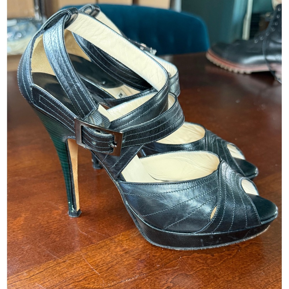 Ron Donovan Black Leather Peep Toe‎ Platform Stiletto Heels Heel Sz 38